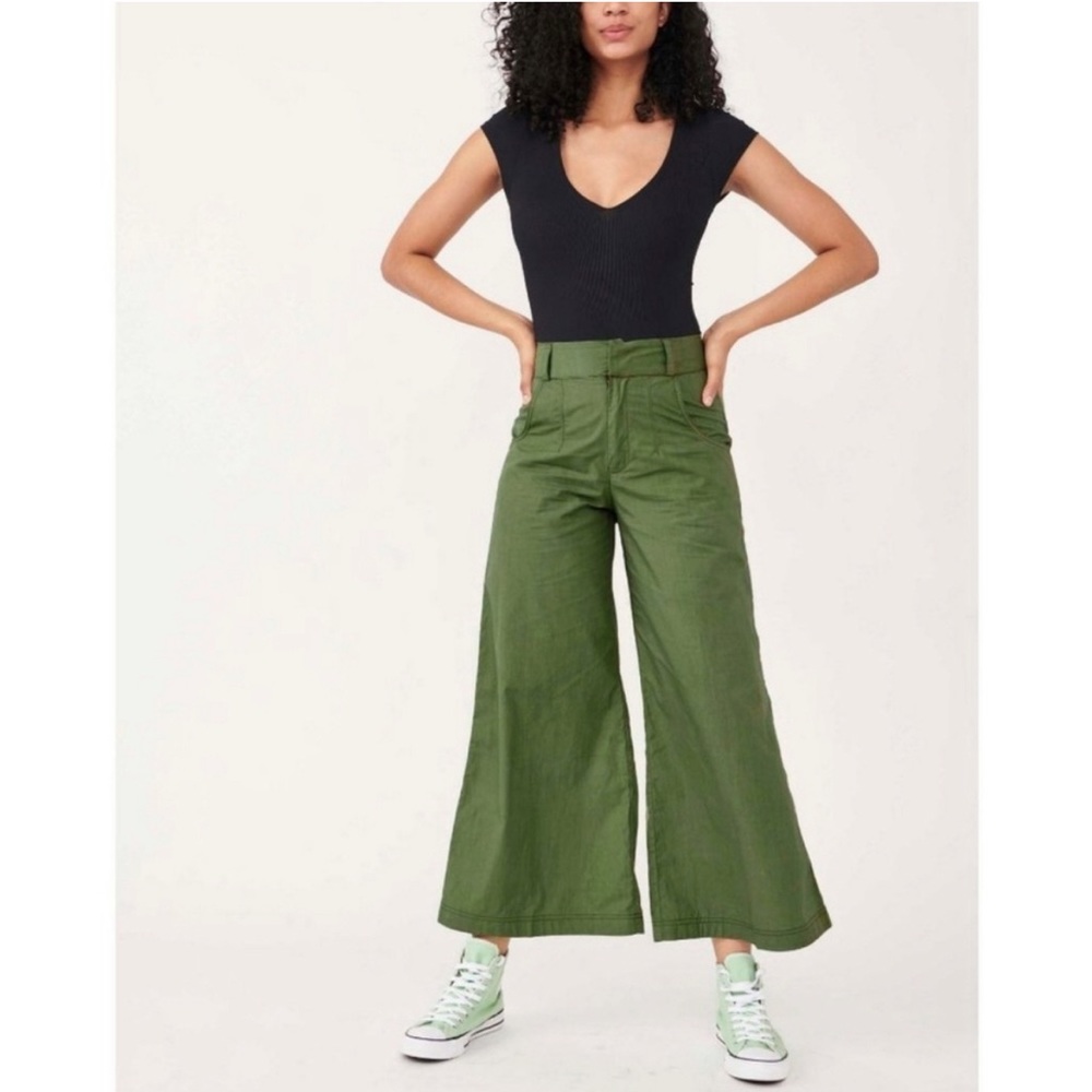 Free People Menorca Forest Glen Green Cropped Wide Leg Trouser Pant - Picture 2 of 4